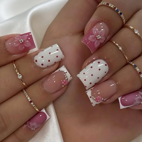 Fclasg medium square pink flower and polka dot press-on nails — shows the longer medium length and patterned design