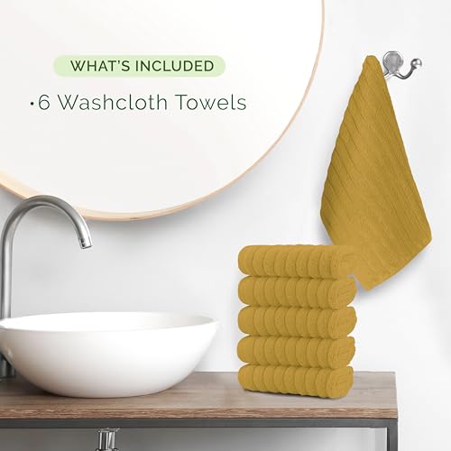 Image of Elegant Comfort 100% Turkish Cotton Corduroy Ribbed Luxury Washcloths 6 Pack Soft 13 x 13 Inch - Higly Absorbent, Durable, Quick Dry, Spa Premium Hotel Quality for Bathroom or Travel, Gold