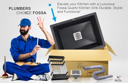Image of Fossa 10-Year Warranty Pure Quartz Kitchen Sink 24 x 18 x 9 Inch | Single Bowl Granite Sink | Scratch & Heat Resistant | Includes Waste Coupling, Waste Pipe & Strainer | Top Mount | Black Matte Finish