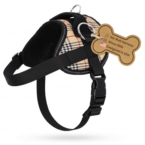 Bark Appeal Tan Plaid No-Pull Dog Harness for Medium to Large Sized Pets – Adjustable, Reflective Vest with 3 Leash Clips for Added Control, Easy Walks & Training – Large by Bark Appeal - Used condition - US$28.67