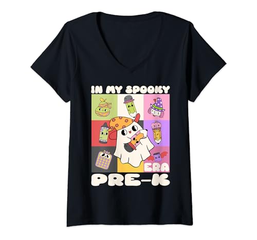 Donna In My Spooky Pre-K Era Easy Halloween Teacher Costume Scuola Maglietta con Collo a V
