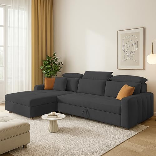 Image of Casaliving Gagnon LHS 4 Seater L Shape Corner Sofa Cum Bed for Living Room (Black Fabric) Premium Fabric Sofa