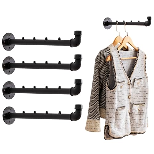 Industrial Wall Pipe Clothes Bar - Heavy Duty Metal Coat Hanger with Hook, Wall-Mounted Garment Holder Racks,Wall Clothing Racks/Hanging Rail, 4Pcs
