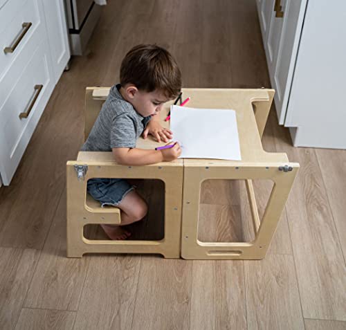 Image of Avenlur Date 4-in-1 Foldable Tower - Toddler Step Stool with Chalkboard, Desk and Chair - Montessori and Waldorf Style Stool for Ages 18 Months to 6 Years | Convertible Kitchen Learning Tower, Toddler Step Stool for Kitchen Counter, Montessori Helper Tower, Toddler Desk and Chair