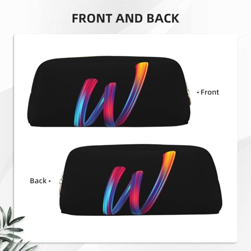 Image of Cute Initial Pencil Case for Kids Simple Leather Pencil Pouch for Boys Girls Letter Design Pencil Box Pen Bag Pencil Pouch Office Stationery Organizer, Rainbow Letter W