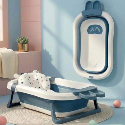 StarAndDaisy Bath Tub for Baby 0-5 Years/Foldable Bath tub for Kids with Cushion, Space Saving Design, Newborn Baby Folding Bathing Tub Girls & Boys, Easy to Store- Dark Blue