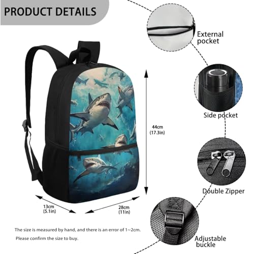 Shark Backpack for Boys Kids Backpack with Lunch Box Water Bottle Carrier Pencil Holder Pouch and Leather Bookmark 5 Pcs Set 17" Lightweight Elementary Bookbag with Front Pocket for School3