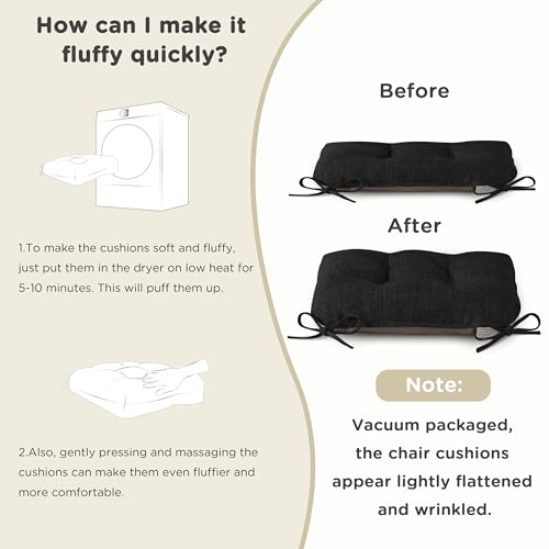 Image of AddGrace Chair Cushions for Dining Chairs Set of 2 Kitchen Seat Cushions with Ties and Non Slip Backing Tufted Indoor Seat Pad for Kitchen Dining Room 18 inch x 17 inch x 3 inch Black