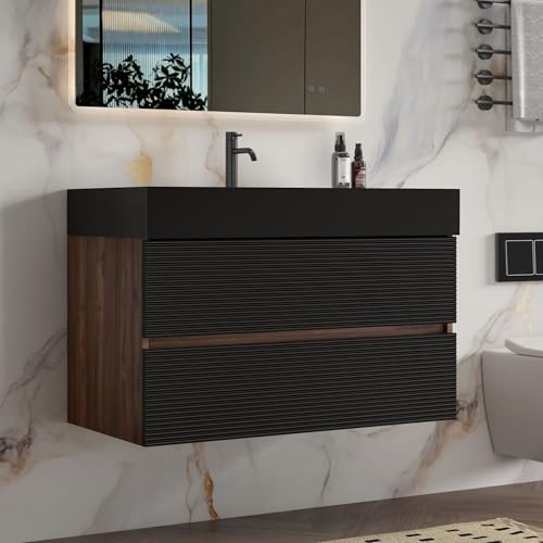CITTANEO 36 Inch Bathroom Vanity with Black Sink, Floating Bathroom