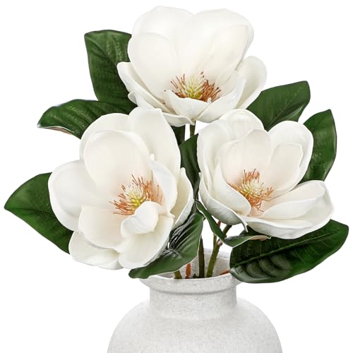 3PCS 26 inch White Artificial Magnolia Flowers Long Stems, Real Touch