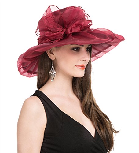 Women's Organza Church Kentucky Derby British Fascinator Bridal Tea Party Wedding Hat Summer Ruffles Cap, Hjh-burgundy Bowknot, Medium - Thumbnail 2