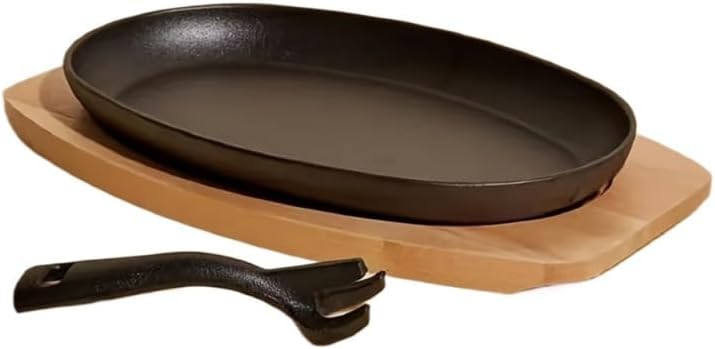 Detachable Handle Cast Iron Skillet Set, 11 Inch Oval Frying Pan with Wooden Base Tray, Pre-Seasoned Non-Stick Cookware for Steak, Breakfast, Serving and Baking