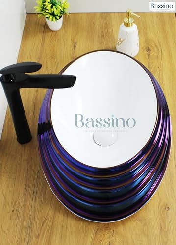 Image of BASSINO Art Wash Basin Counter top, Small Tabletop Ceramic Bathroom Sink /Basin (520 x 380 x 150 mm) (BLUE GLOSSY)