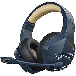 Auriculares Ps4 Wireless BINNUNE Cascos Gaming Inalámbricos con Microfono para PC PS4 PS5 -Azul/Dorado