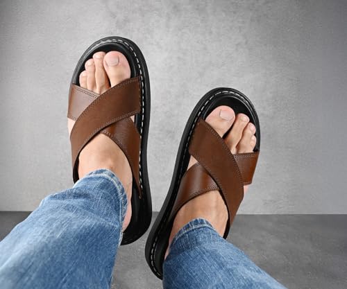 Image of LOUIS STITCH Tan Comfortable Men's Sandals | Lightweight Casual Cross Strap Slip-On Sandals| Everyday Wear Sandals with PU Cushion Sole | LSOF-22-TN