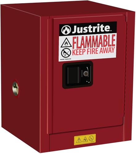Justrite 4 Gallon Manual Close Countertop Flammable Storage Cabinet, 18 Gauge Steel, 1 Shelf, 1 Door Fire Cabinet, 22" x 17" x 17", Made in The USA, Red, 890401