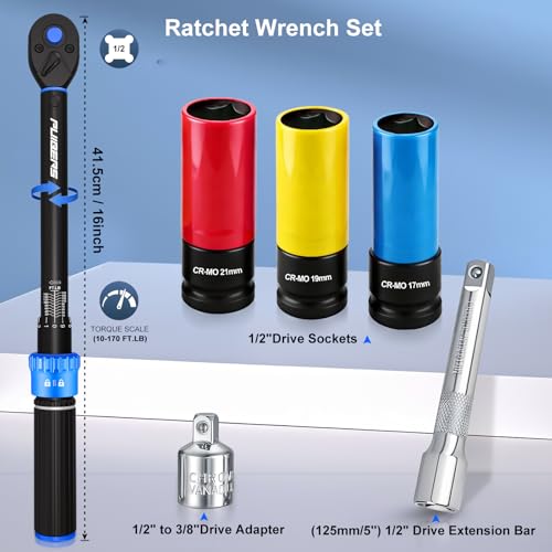 Image of 10-170FT 1 /2'' Torque Wrench Socket Set, 17mm 19mm 21mm Wheel Sockets with 3 /8 inch Drive Adapter and Extension Bar 72 Tooth, High Accuracy Laser Marking Scale for Auto Motorcycle Repair