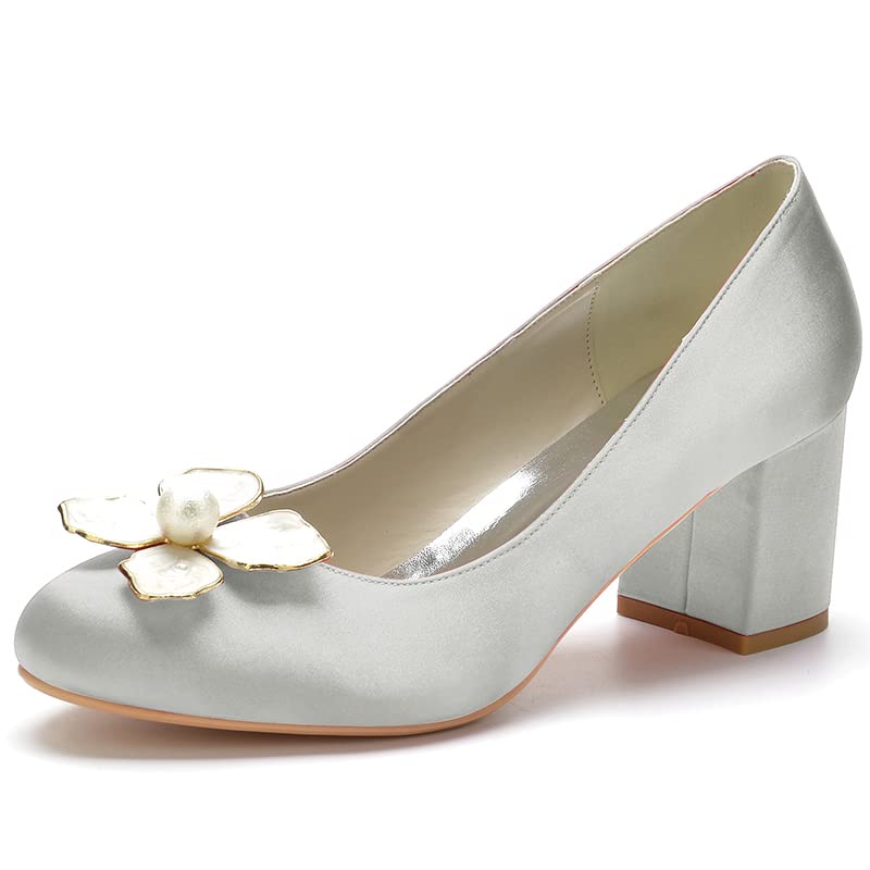 Chaussures à talon bas en satin pour femme avec bout rond et talon bloc de 6 cm