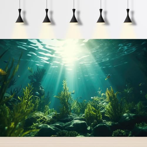 Image of Aquarium Background Underwater Aquatic Plants Rocks Fish Tank Background Tropical Fish Sun Rays Landscapes Terrarium Backgrounds Undersea Rocks Green Seaweeds Reptile Tank Backgrounds Poster 36x20in