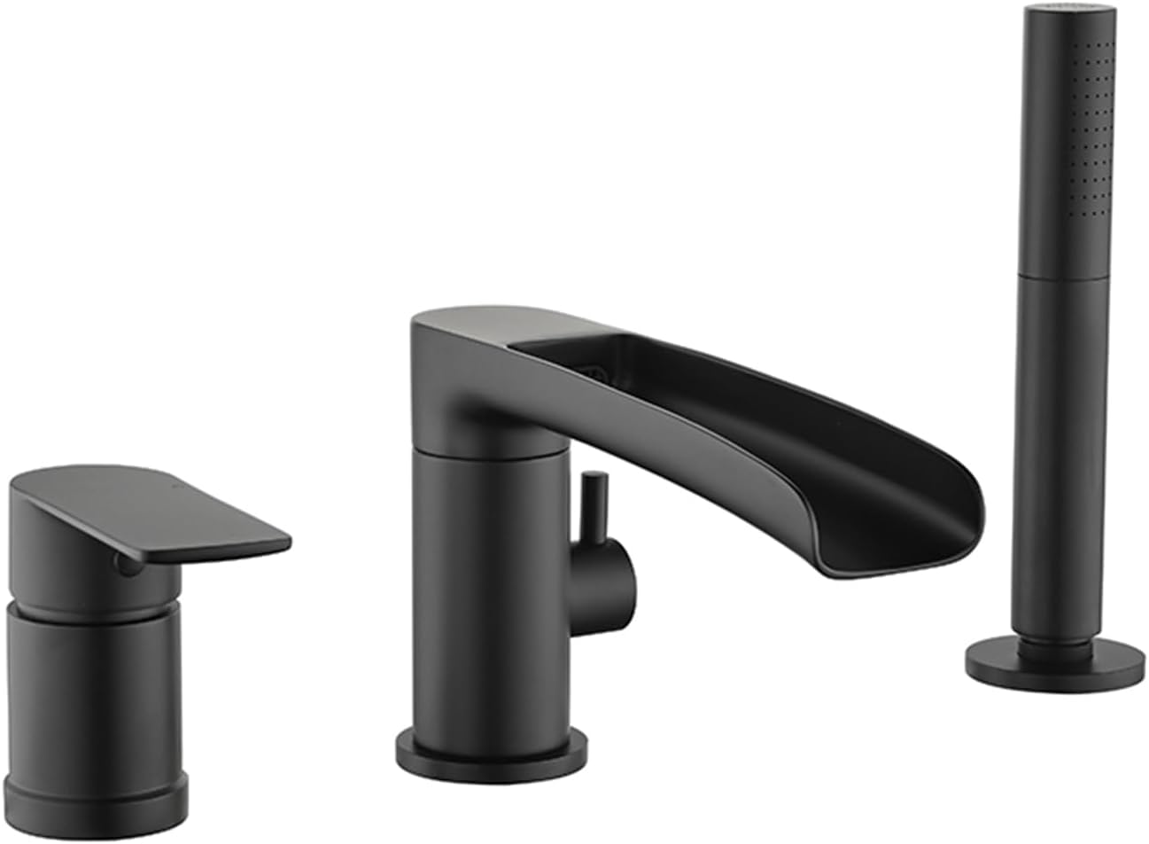 NZPOST Waterfall Bath Mixer Tap Black Deck Tap 3 Hole Tub 360 Swivel Spout 2 Modes Shower Head and Hose Se
