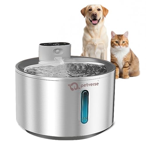 Petverse Motion Sensor Dog Water Fountain 4L Stainless Steel Wireless Pet Water Dispenser for Cats & Dogs Battery Operated Triple Filtration LED Indic
