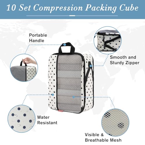 U+U 10 Set Compression Packing Cubes - Travel Organizers with Laundry Bag, Space-Saving Suitcase Organizer, Expandable Packing Organizers for Travel Essentials (Polka Dot) — view 4