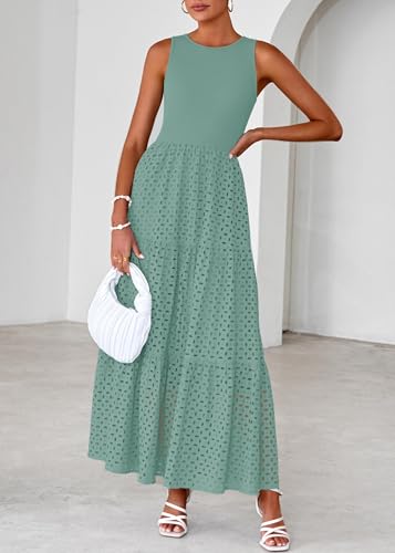 Lazysmile Womens Summer Dresses Crewneck Sleeveless A-Line Hollow Out Eyelet Tiered Tank Maxi Dress Sundress with Pockets — view 4