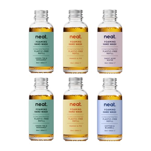 Neat Foaming Hand Wash Refills 6x30ml (2x Green Tea & Bergamot 2x Mango & Fig 1x Sweet Rose Water 1x Cotton & Bluebell) - Dermatologically Approved Hand Soap - Suitable for Sensitive Skin