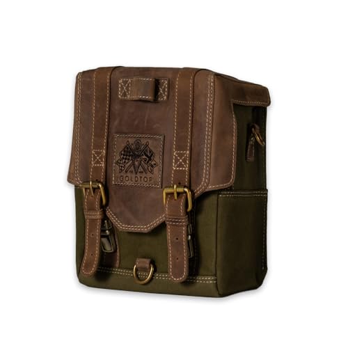Goldtop | Waxed Canvas & Leather Magnetic Motorcycle Tank Bag - Large - Olive Green & Light Tan - Classic Custom Style Motorbike Storage Bag with Strong Neodynium Magnets