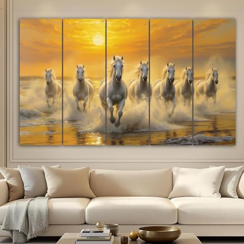 Image of Spacter 7 Horses Wall Painting for Living Room Big Size - 7 Running Horses Painting Vastu for Bedroom, Office, Hotel - Wall Decor Digital Painting Wooden Framed for Gifting (30x60 Inch)