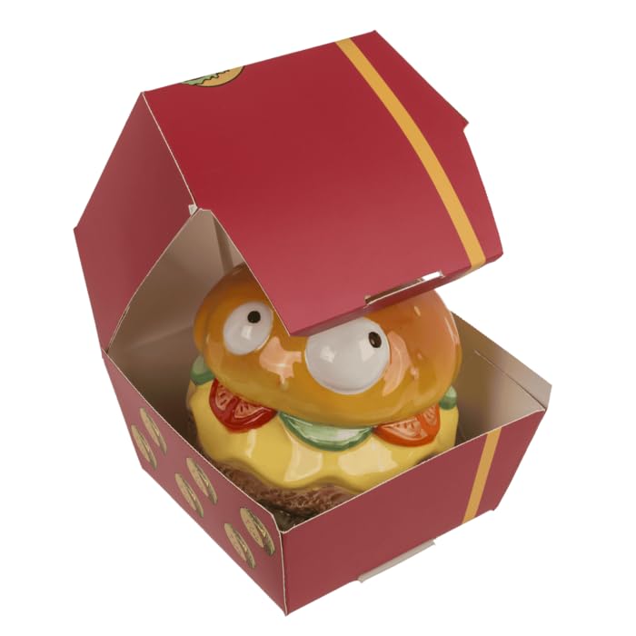 Hucha Hamburguesa de Cerámica con Ojos, Diseño Divertido, con Cerradura, 12 x 11 cm, en Caja de Regalo