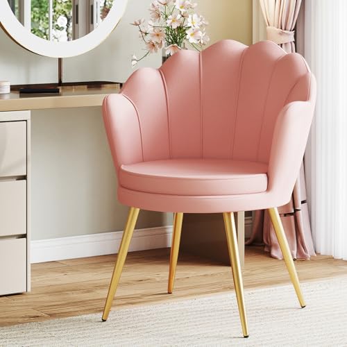 Ckaff Esszimmerstühle aus Samt, Schminktisch Stuhl, Muschelsessel mit Blütenblatt-Rückenlehne, Polstersessel Stuhl Schminktisch mit Gold Metallbeinen für Schlafzimmer Esszimmer Wohnzimmer, Rosa