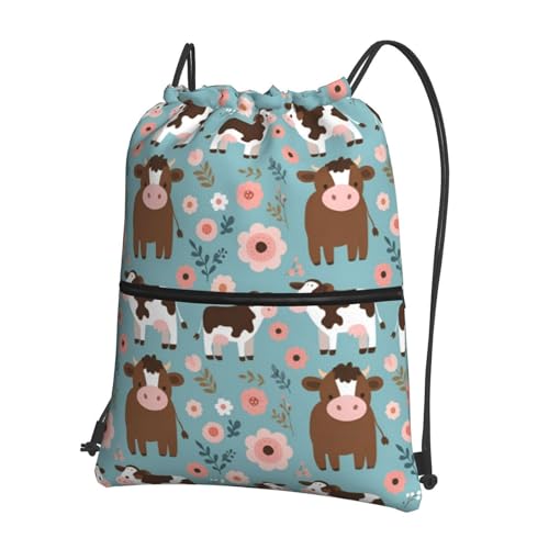 Hereford Cow & Floral Waterproof Drawstring Backpack