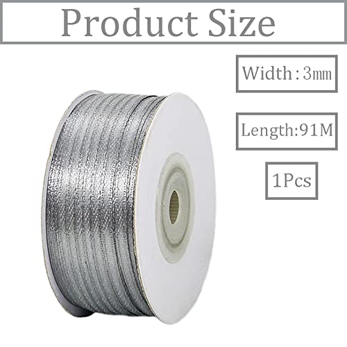 3mm Silver Ribbon for Gift Wrapping,91m Fabric Thick Satin Ribbon Silver Bow for Gift Wrapping,Ribbons for Balloons,Crafting,Hair,Bouquets,Wedding - Image 2