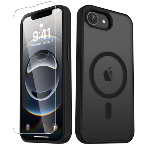 YENAPOON for iPhone 17e Case iPhone 16e Case Matte Magnetic Phone Cover [with 1 Screen Protector] [Support for MagSafe] [Shockproof Military Grade Protection] Translucent Frosted Back Black