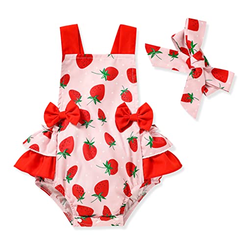 Image of GRNSHTS Infant Baby Girls Ruffle Romper Toddler Sleeveless Halter Bodysuit Jumpsuit+Headband Summer Clothes