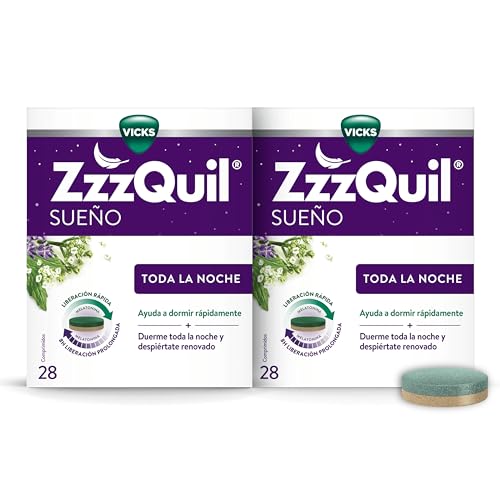 ZzzQuil Toda la Noche con Melatonina, Valeriana y Vitamina B6, Ayuda a dormir rápidamente*, Liberación prolongada durante 8 horas, 56 comprimidos