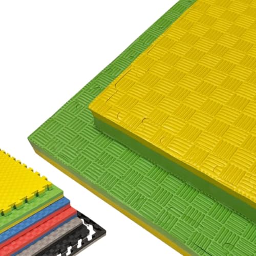JOWY Tatami Puzzle para Gimnasio, Artes Marciales, Judo, Karate, Taekwondo, Yoga, Fitness y Zonas de Estiramiento | 1x1m | 4 cm grosor | Acabado F | Color Verde/Amarillo (4 unidades)