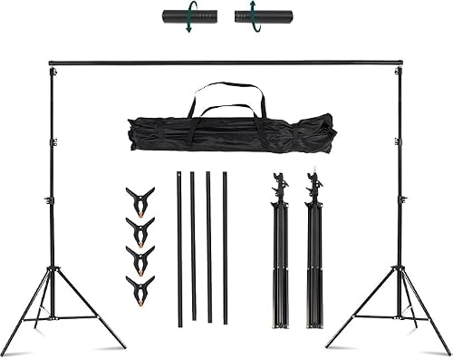 Super Strong Photo Studio Backdrop Stand Kit Adjustable 3x3m | Includes Carry Bag, 4 Spring Clamps, 10x10ft Coverage, 2 Light Stands, Photography Equipment