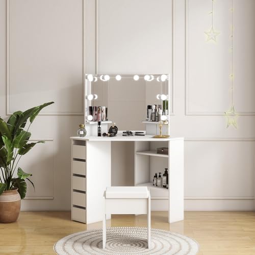 Panana Corner Dressing Table with LED Light, Vanity Table with 5 Drawers and Stool, Makeup Table for Home Furnature (White-Bulb) - Cosy Home Interiors Panana Corner Dressing Table with LED Light, Vanity Table with 5 Drawers and Stool, Makeup Table for Home Furnature (White-Bulb) - Image 3
