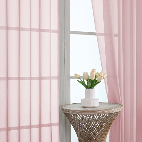 Image of OWENIE Extra Long Blush Sheer Curtains 96 Inches Long 2 Panels Set, Soft Lightweight Airy Voile Sheer Curtain for Bedroom Living Room, Rod Pocket Solid Color Farmhouse Curtains, 59 inch Wx96 L Inch