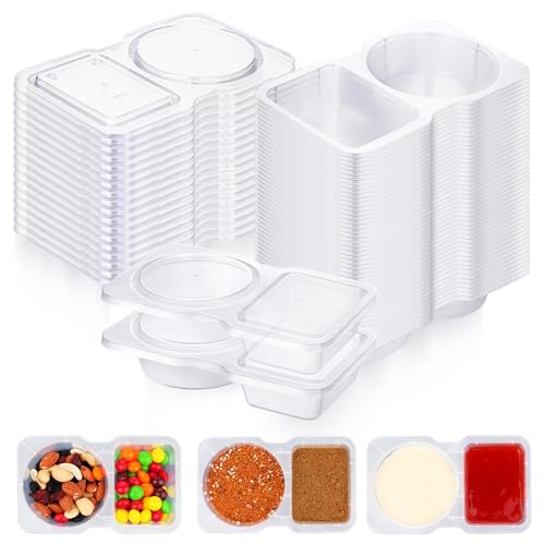 50 Pack Double Compartment Condiment Containers with Lids, Disposable 2 Compartment Snack Containers, Small Plastic to go Cups for Sauce Dressing Dip, Reusable Mini Snack Pack Container, 60+70ml
