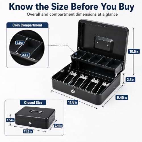 Image of KYODOLED Cash Box with Money Tray and Key Lock, 1mm Thick Metal Cash Drawer