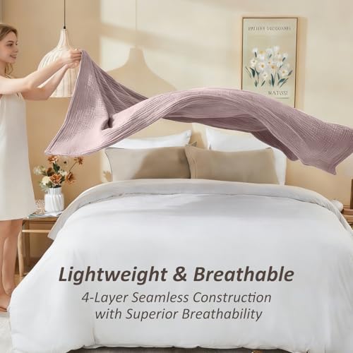Image of EMME Cotton Muslin Queen Blanket Bed Layering Bedspread Coverlet Breathable Gauze Soft Lightweight Blankets (Heather Dusty Pink, 90 inchx90 inch)