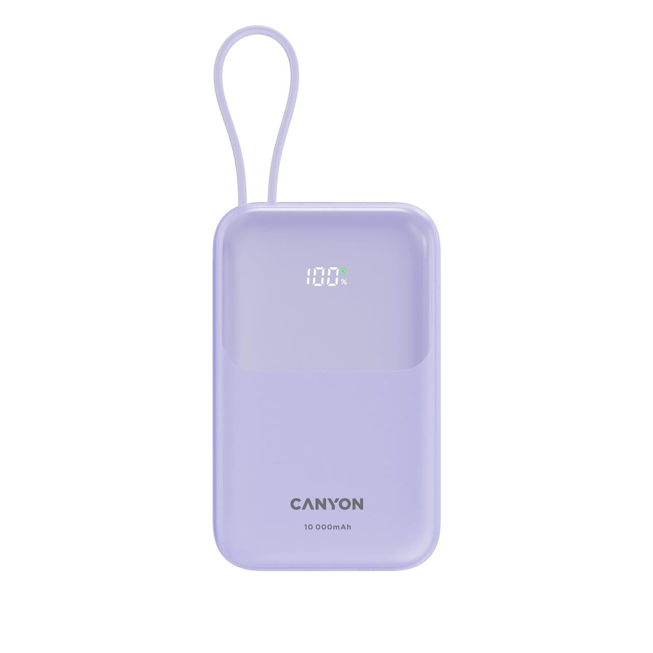 CANYON OnPower 101 - Batteria esterna da 10000 mAh con cavo USB-C integrato, PD 22,5 W e ricarica rapida QC 3.0, display digitale, batteria portatile sottile, viola
