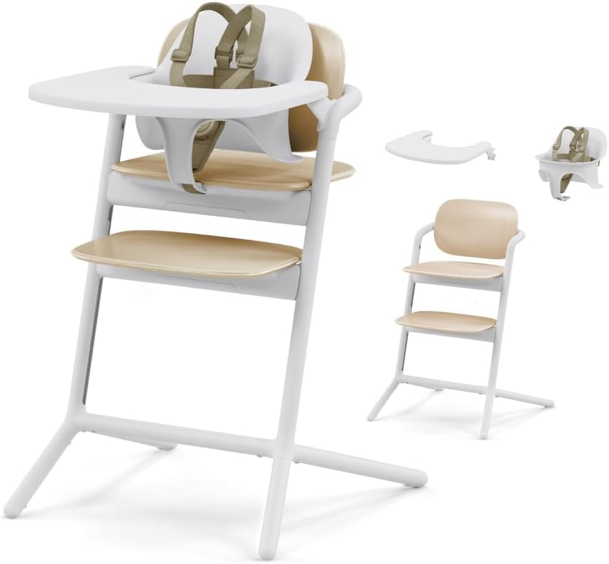 LEMO High Chair 3-in-1 Set with Baby Set + Snack Tray - Modern Design, One-Hand Depth & Height Adjustment & Anti-Tip Wheels - from 6 Months, Convertible to Adult Chair, Sand White