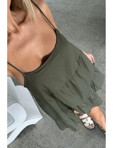Image of OZICERD Flowy Short Sundress Mini Babydoll Dresses for Women Going Out Tiered Ruffle Beach Spaghetti Strap Swing Dress Cute