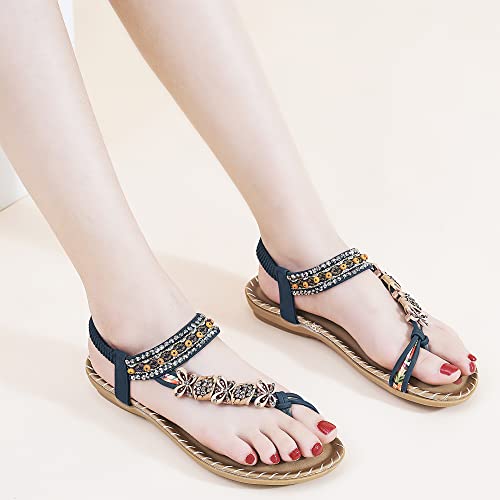 Ablanczoom Flat Sandals For Women Summer Comfortable Bohemian Beaded Dressy Sandal Casual Ankle Strap Elastic Slip On Womens Flats #TOP5
