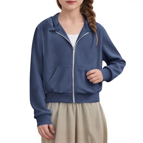 Girls Zip Up Cropped Hoodies Casual Fall Sweatshirts with Pockets Comfy Lightweight Hooded Jacket Tween Clothes 2-11T2