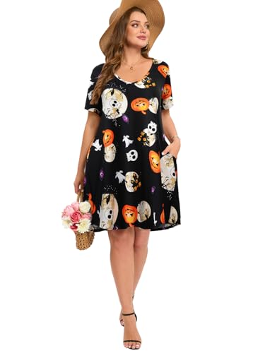 Image of ZENNILO Women's Plus Size Swing Dress with Pockets Casual Summer Dresses V Neck Short Sleeve T Shirt Dress for Women